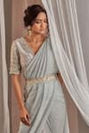 Nidhika Shekhar_Grey Georgette Embroidered Sequins V Neck Blouse Pre-draped Saree Set _Online_at_Aza_Fashions