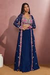 Buy_Aneesh Agarwaal_Blue Soft Organza Embroidery Floral Cape Open And Pleated Skirt Set _at_Aza_Fashions