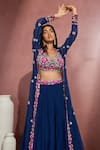Aneesh Agarwaal_Blue Soft Organza Embroidery Floral Cape Open And Pleated Skirt Set _Online_at_Aza_Fashions