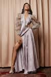 Buy_Nandita Thirani_Silver Satin V Neck Embellished Gown _at_Aza_Fashions
