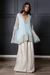 Buy_Nandita Thirani_Blue Chiffon V Neck Embroidered Kurta And Palazzo Set  _at_Aza_Fashions