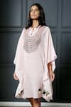Buy_Nandita Thirani_Pink Cotton Muslin Mandarin Collar Embroidered Kaftan Dress _at_Aza_Fashions