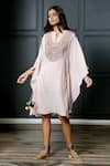 Shop_Nandita Thirani_Pink Cotton Muslin Mandarin Collar Embroidered Kaftan Dress _at_Aza_Fashions