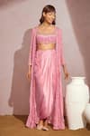 Buy_Aneesh Agarwaal_Pink Silk Net, Soft Organza Floral, Mirror Embroidered Jacket And Draped Skirt Set _at_Aza_Fashions