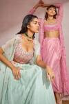 Buy_Aneesh Agarwaal_Pink Silk Net, Soft Organza Floral, Mirror Embroidered Jacket And Draped Skirt Set _Online_at_Aza_Fashions