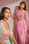 Shop_Aneesh Agarwaal_Pink Silk Net, Soft Organza Floral, Mirror Embroidered Jacket And Draped Skirt Set _Online_at_Aza_Fashions