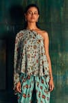 Shop Nautanky Blue Crepe Asymmetric Floral Print One Shoulder Top And Tulip Pant Set Online at Aza Fashions Shop_Nautanky_Blue Crepe Asymmetric Floral Print One Shoulder Top And Tulip Pant Set _Online_at_Aza_Fashions