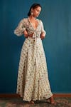 Buy_Nautanky_Beige Chiffon V Neck Floral Print Skirt Set  _at_Aza_Fashions