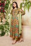 Label NE'Chi_Green Organza, Nokia Silk Round Printed Anarkali Set_Online_at_Aza_Fashions