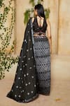 Shop_Label Ne'chi_Black Muslin Silk Embroidery V Neck Shibori Pre-draped Saree  _at_Aza_Fashions