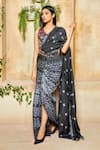 Label Ne'chi_Black Muslin Silk Embroidery V Neck Shibori Pre-draped Saree  _Online_at_Aza_Fashions