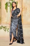 Buy_Label Ne'chi_Black Muslin Silk Embroidery V Neck Shibori Pre-draped Saree  _Online_at_Aza_Fashions