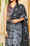 Label Ne'chi_Black Muslin Silk Embroidery V Neck Shibori Pre-draped Saree  _at_Aza_Fashions