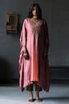 Buy_Shorshe Clothing_Pink Kaftan Mulberry And Pants Cotton Embroidery Beads V Neck & Set _at_Aza_Fashions