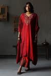 Buy_Shorshe Clothing_Red Kaftan Mulberry Silk And Farshi Cotton Silk Lining Shantoon & Pant Set _at_Aza_Fashions