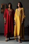 Buy_Shorshe Clothing_Red Kaftan Mulberry Silk And Farshi Cotton Silk Lining Shantoon & Pant Set _Online_at_Aza_Fashions