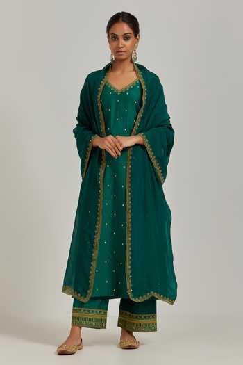 Green - Chanderi Silk A-Line Patchwork Tie-Dye Leheriya Kurta 04