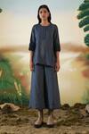 Buy_Febo6_Blue Linen Stitchline Round Kurta And Culottes Pant Set _at_Aza_Fashions