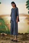 Febo6_Blue Linen Stitchline Round Kurta And Culottes Pant Set _Online_at_Aza_Fashions