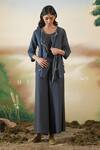 Febo6_Blue Linen Threads And Applique Open Embroidered Jacket & Pant Set _Online_at_Aza_Fashions