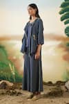 Buy_Febo6_Blue Linen Threads And Applique Open Embroidered Jacket & Pant Set _Online_at_Aza_Fashions