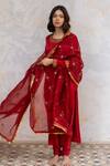 Buy_Nirjara_Red Organza Silk Aari Embroidery, Tikki, Zardosi Hamida Jaal Dupatta _at_Aza_Fashions