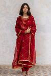 Shop_Nirjara_Red Organza Silk Aari Embroidery, Tikki, Zardosi Hamida Jaal Dupatta _at_Aza_Fashions