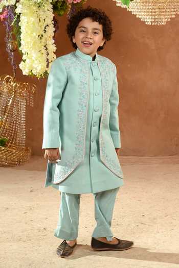 Buy_Littleens_Blue Velvet Embroidery Maherwan Panelled Achkan And Pant Set _at_Aza_Fashions