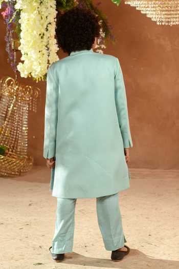 Shop_Littleens_Blue Velvet Embroidery Maherwan Panelled Achkan And Pant Set _at_Aza_Fashions