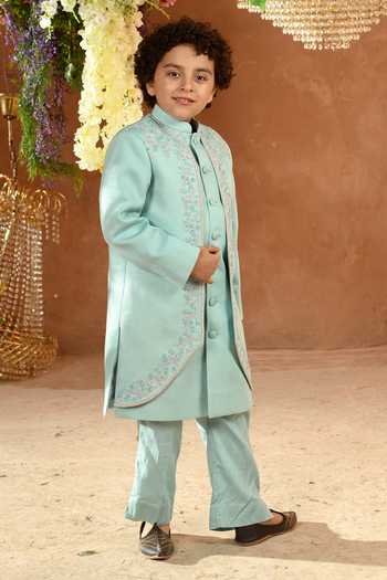 Littleens_Blue Velvet Embroidery Maherwan Panelled Achkan And Pant Set _Online_at_Aza_Fashions