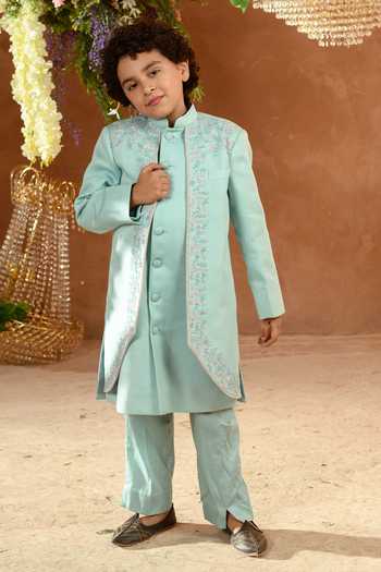 Buy_Littleens_Blue Velvet Embroidery Maherwan Panelled Achkan And Pant Set _Online_at_Aza_Fashions