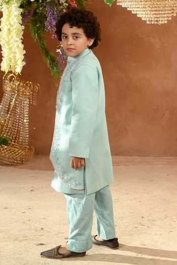Shop_Littleens_Blue Velvet Embroidery Maherwan Panelled Achkan And Pant Set _Online_at_Aza_Fashions
