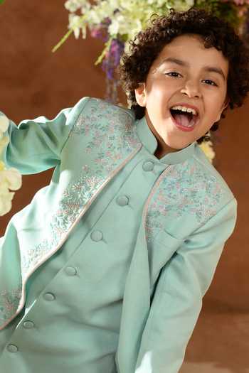 Littleens_Blue Velvet Embroidery Maherwan Panelled Achkan And Pant Set _at_Aza_Fashions