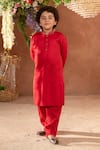 Shop_Littleens_Red Velvet Sequins, Cut Work Scarlet Vegan Silk Kurta And Pant Set _at_Aza_Fashions