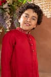 Littleens_Red Velvet Sequins, Cut Work Scarlet Vegan Silk Kurta And Pant Set _Online_at_Aza_Fashions