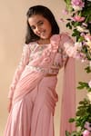 LITTLEENS_Pink Vortex Hand Embroidered Thread Golnaz Sharara Saree Set _at_Aza_Fashions