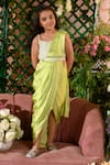 Buy_LITTLEENS_Green German Satin Embroidered Bead Work Sonobar Saree Blouse Set _Online_at_Aza_Fashions
