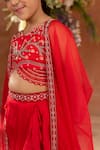 Shop_Littleens_Red Satin, Cotton Embroidery Husnara Cape Skirt Set _Online_at_Aza_Fashions