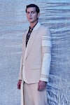 Shop_Line out line_Cream Cotton Embroidered Patch Work And Piping Color Black Tie-up Blazer  _Online_at_Aza_Fashions