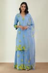 Buy_Label Earthen_Blue Cotton Mul Embroidery V Neck Printed Sharara And Kurta Set _at_Aza_Fashions
