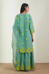 Shop_Label Earthen_Green Cotton Mul Dupatta Organza Silk Embroidery V Printed Sharara And Kurta Set _at_Aza_Fashions