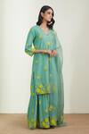 Label Earthen_Green Cotton Mul Dupatta Organza Silk Embroidery V Printed Sharara And Kurta Set _Online_at_Aza_Fashions