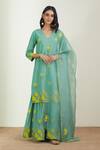 Shop_Label Earthen_Green Cotton Mul Dupatta Organza Silk Embroidery V Printed Sharara And Kurta Set _Online_at_Aza_Fashions