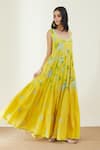 Buy_Label Earthen_Yellow Cotton Mul Embroidery Scoop Neck Floral Print Dress _at_Aza_Fashions