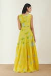 Shop_Label Earthen_Yellow Cotton Mul Embroidery Scoop Neck Floral Print Dress _at_Aza_Fashions