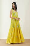 Label Earthen_Yellow Cotton Mul Embroidery Scoop Neck Floral Print Dress _Online_at_Aza_Fashions