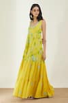 Buy_Label Earthen_Yellow Cotton Mul Embroidery Scoop Neck Floral Print Dress _Online_at_Aza_Fashions