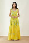 Shop_Label Earthen_Yellow Cotton Mul Embroidery Scoop Neck Floral Print Dress _Online_at_Aza_Fashions