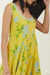 Label Earthen_Yellow Cotton Mul Embroidery Scoop Neck Floral Print Dress _at_Aza_Fashions