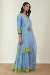 Label Earthen_Blue Cotton Mul Embroidery V Neck Printed Sharara And Kurta Set _Online_at_Aza_Fashions
